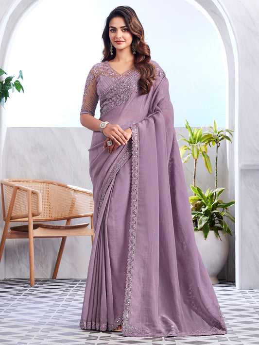 Women's Georgette Mauve Embellished Designer Saree With Blouse Piece