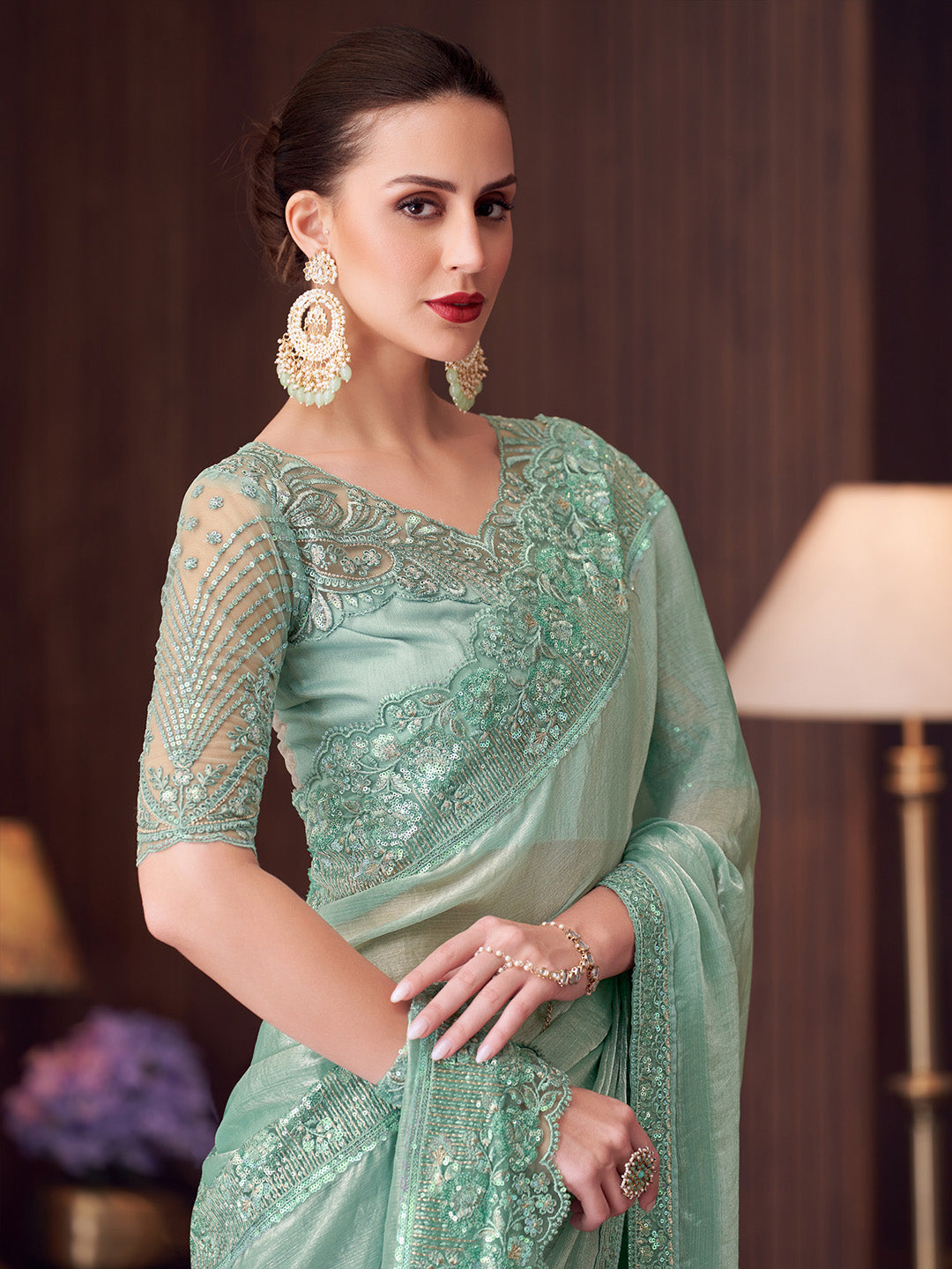 Women's Pure Chiffon Sea Green Embellished Designer Saree With Blouse Piece