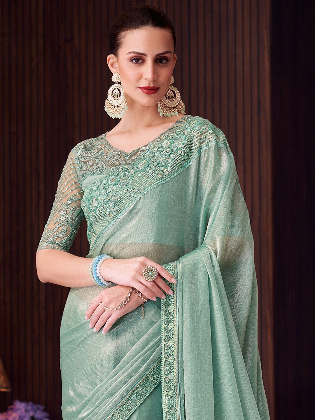 Women's Pure Chiffon Sea Green Embellished Designer Saree With Blouse Piece