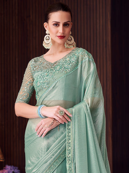 Women's Pure Chiffon Sea Green Embellished Designer Saree With Blouse Piece