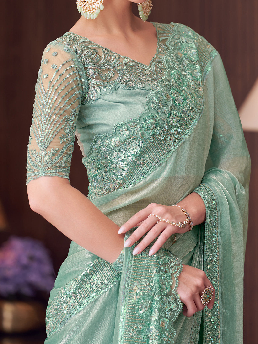 Women's Pure Chiffon Sea Green Embellished Designer Saree With Blouse Piece