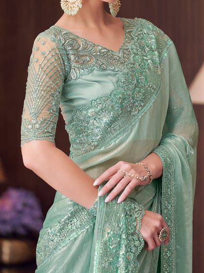 Women's Pure Chiffon Sea Green Embellished Designer Saree With Blouse Piece