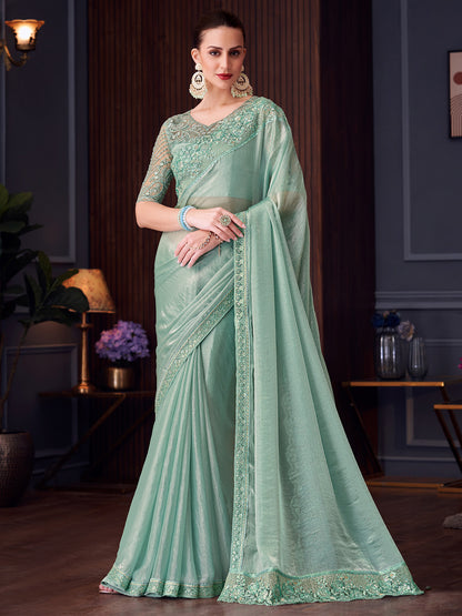 Women's Pure Chiffon Sea Green Embellished Designer Saree With Blouse Piece