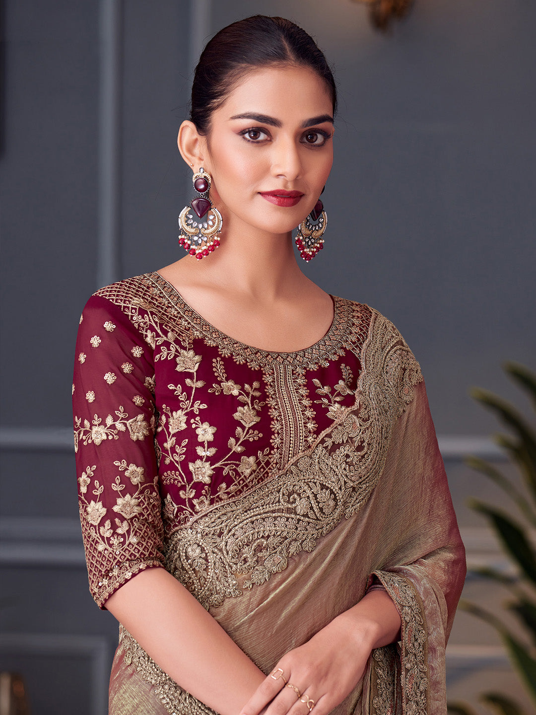 Women's Pure Chiffon Burgundy Embellished Designer Saree With Blouse Piece