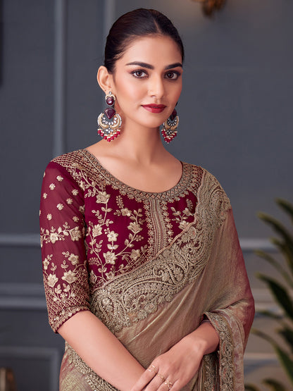 Women's Pure Chiffon Burgundy Embellished Designer Saree With Blouse Piece