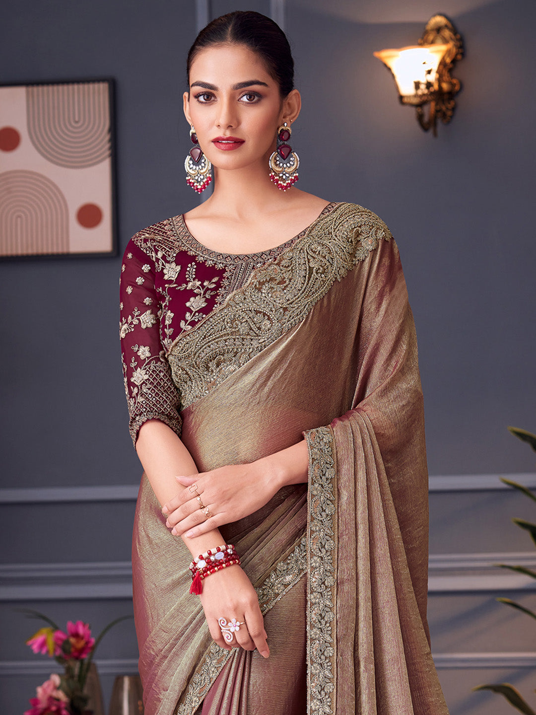 Women's Pure Chiffon Burgundy Embellished Designer Saree With Blouse Piece
