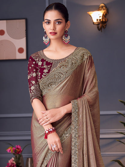 Women's Pure Chiffon Burgundy Embellished Designer Saree With Blouse Piece