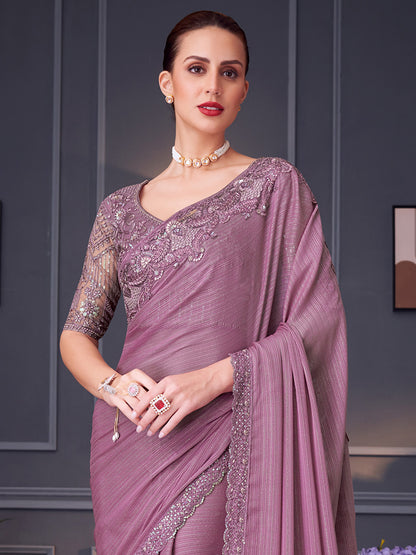 Women's Pure Georgette Mauve Embellished Designer Saree With Blouse Piece