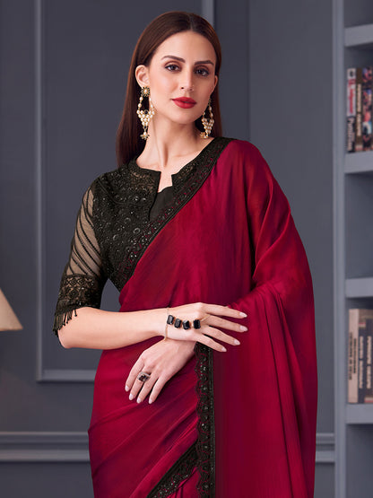 Women's Satin Silk Black Embellished Designer Saree With Blouse Piece