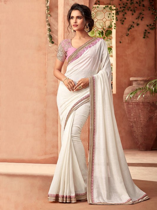 Women's Pure Chiffon White Embellished Designer Saree With Blouse Piece