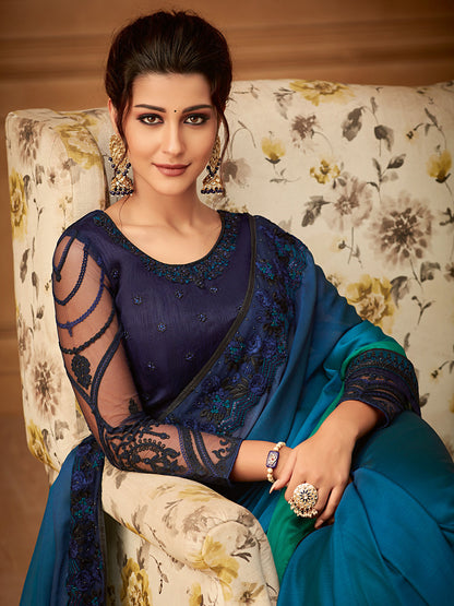 Women's Pure Chiffon Teal blue Embellished Designer Saree With Blouse Piece