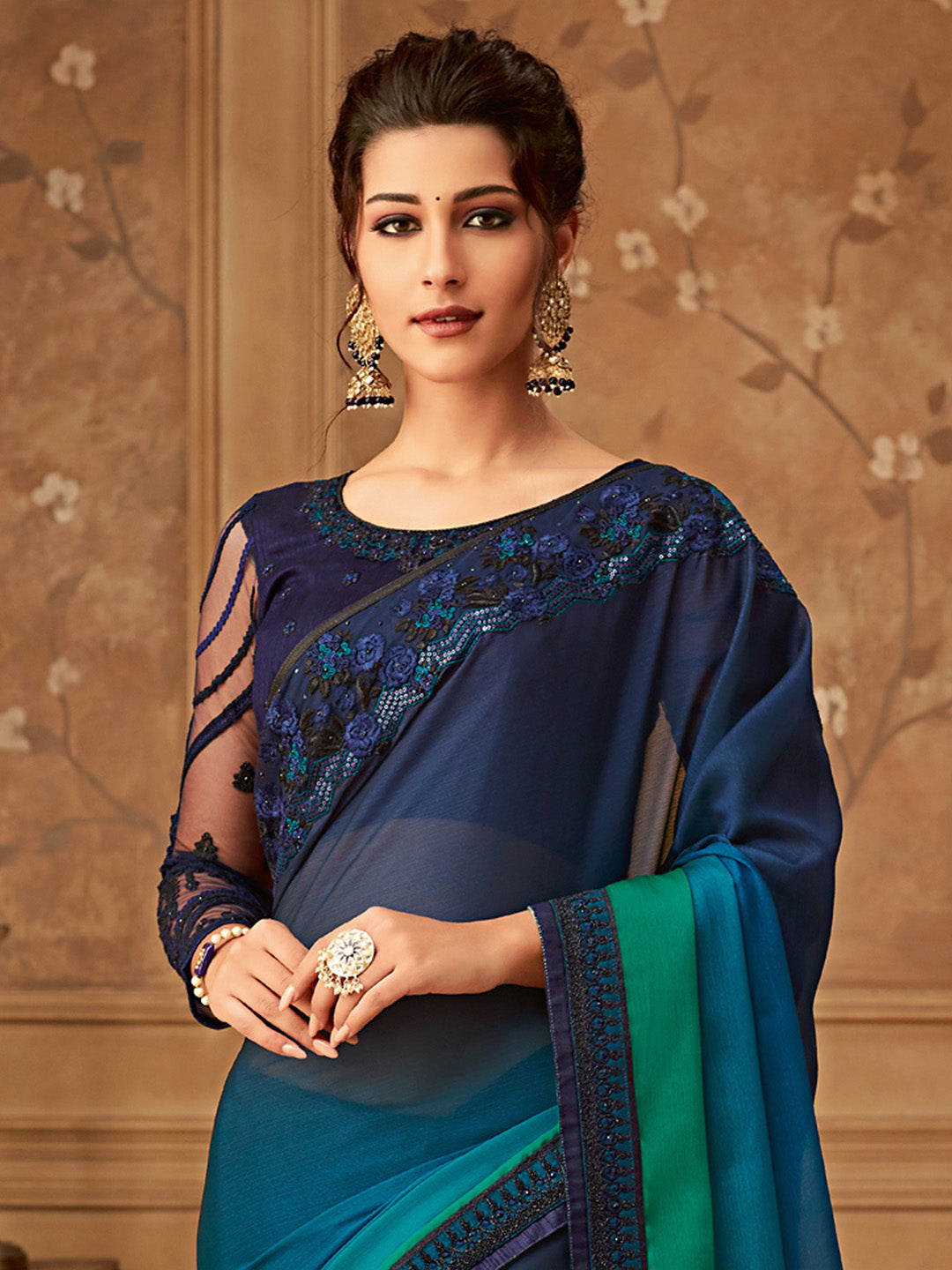 Women's Pure Chiffon Teal blue Embellished Designer Saree With Blouse Piece