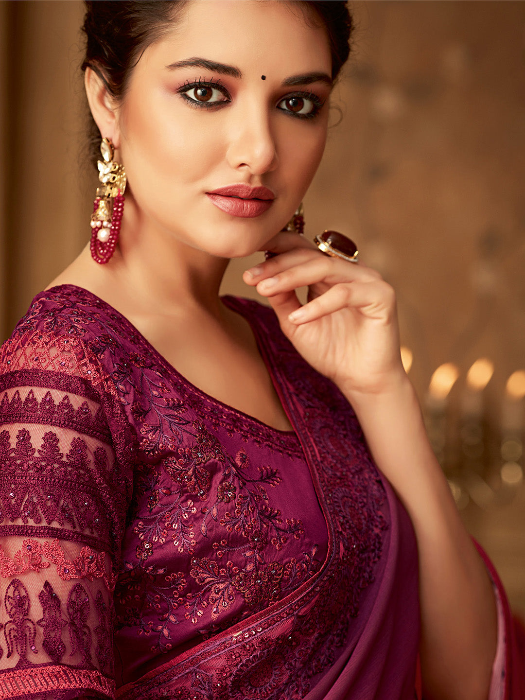 Women's Pure Chiffon Magenta Embellished Designer Saree With Blouse Piece