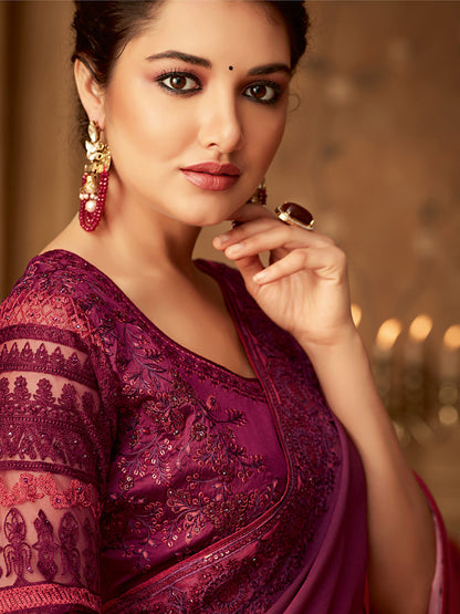 Women's Pure Chiffon Magenta Embellished Designer Saree With Blouse Piece