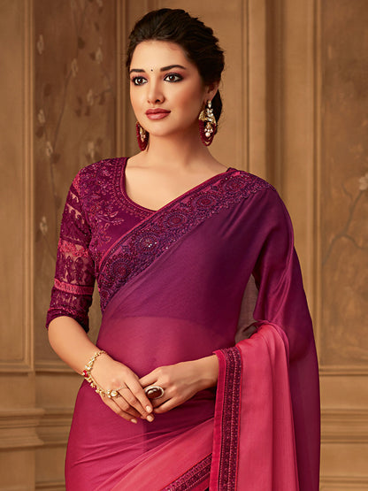 Women's Pure Chiffon Magenta Embellished Designer Saree With Blouse Piece