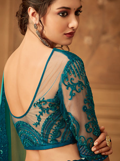 Women's Pure Chiffon Green Embellished Designer Saree With Blouse Piece