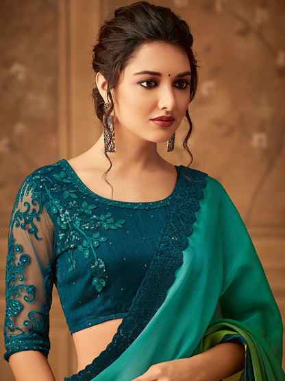 Women's Pure Chiffon Green Embellished Designer Saree With Blouse Piece