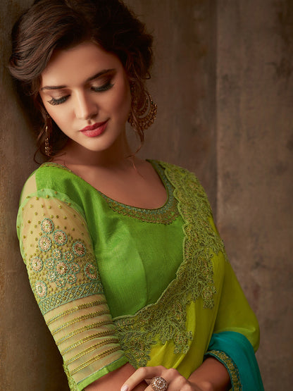 Women's Pure Chiffon Light Blue Embellished Designer Saree With Blouse Piece
