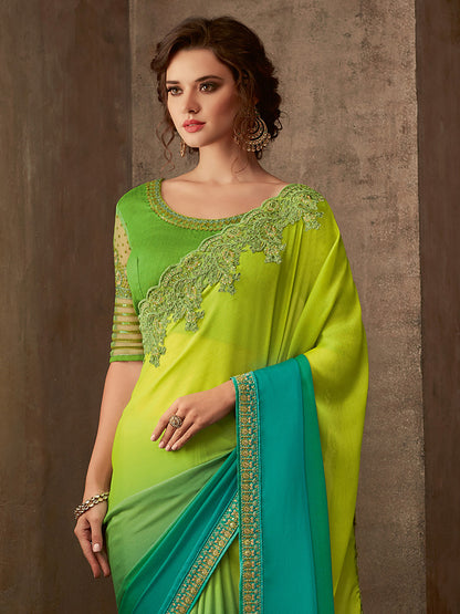 Women's Pure Chiffon Light Blue Embellished Designer Saree With Blouse Piece