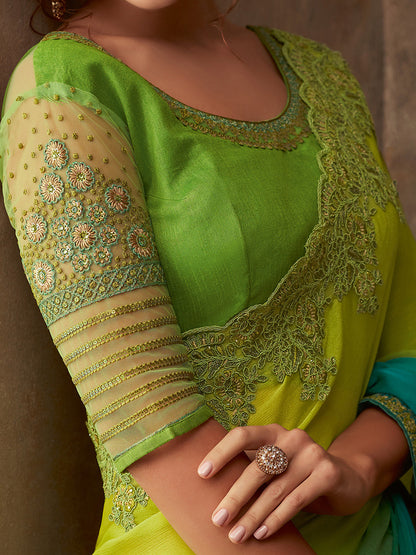 Women's Pure Chiffon Light Blue Embellished Designer Saree With Blouse Piece