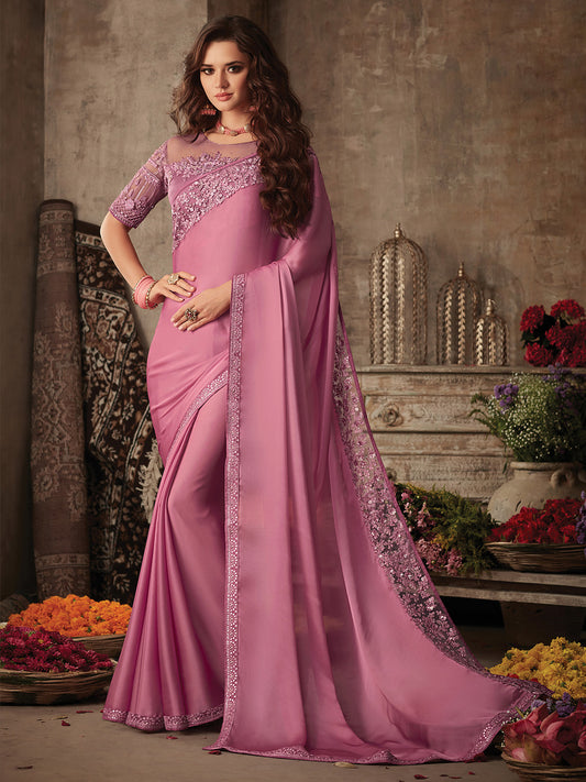 Women's Satin Silk Mauve Embellished Designer Saree With Blouse Piece