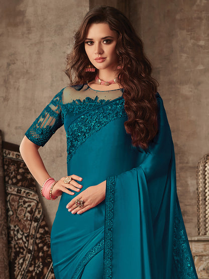 Women's Satin Silk Teal blue Embellished Designer Saree With Blouse Piece