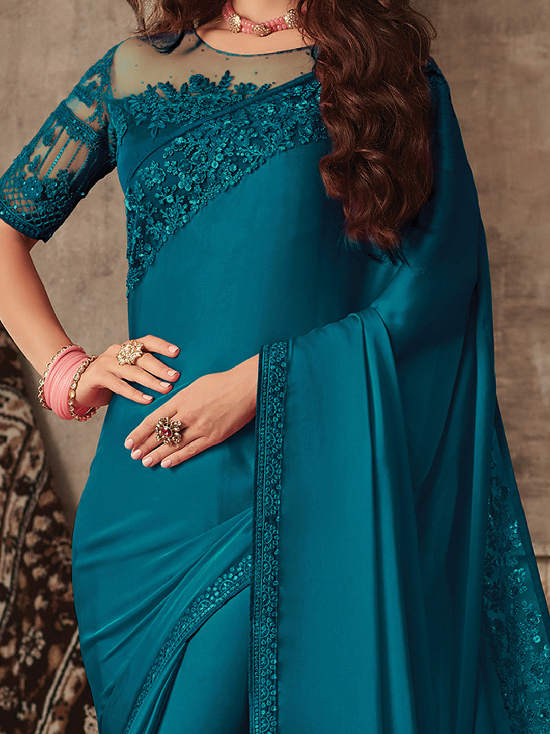 Women's Satin Silk Teal blue Embellished Designer Saree With Blouse Piece