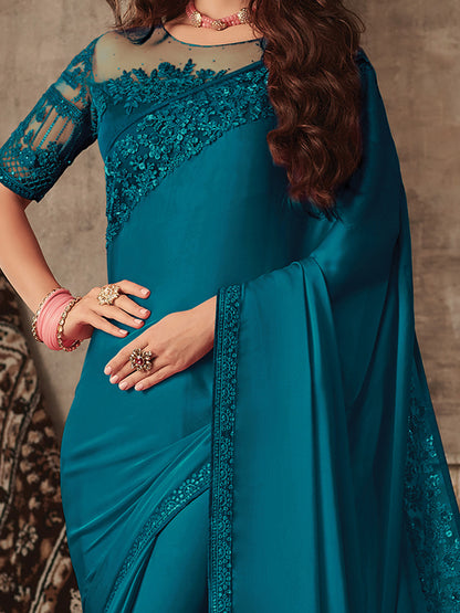 Women's Satin Silk Teal blue Embellished Designer Saree With Blouse Piece