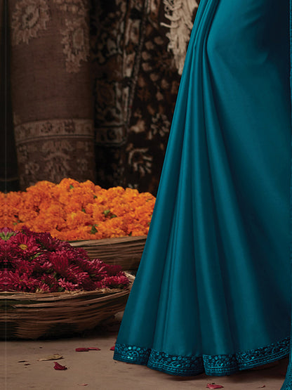 Women's Satin Silk Teal blue Embellished Designer Saree With Blouse Piece