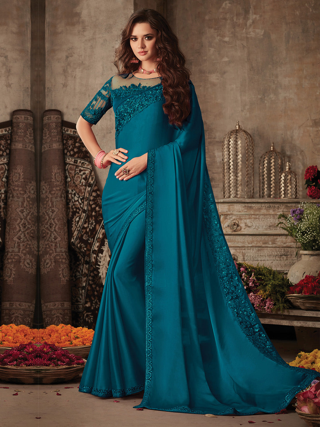 Women's Satin Silk Teal blue Embellished Designer Saree With Blouse Piece