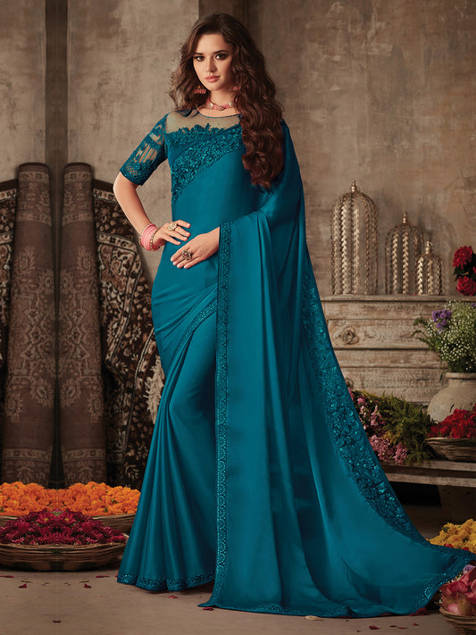 Women's Satin Silk Teal blue Embellished Designer Saree With Blouse Piece