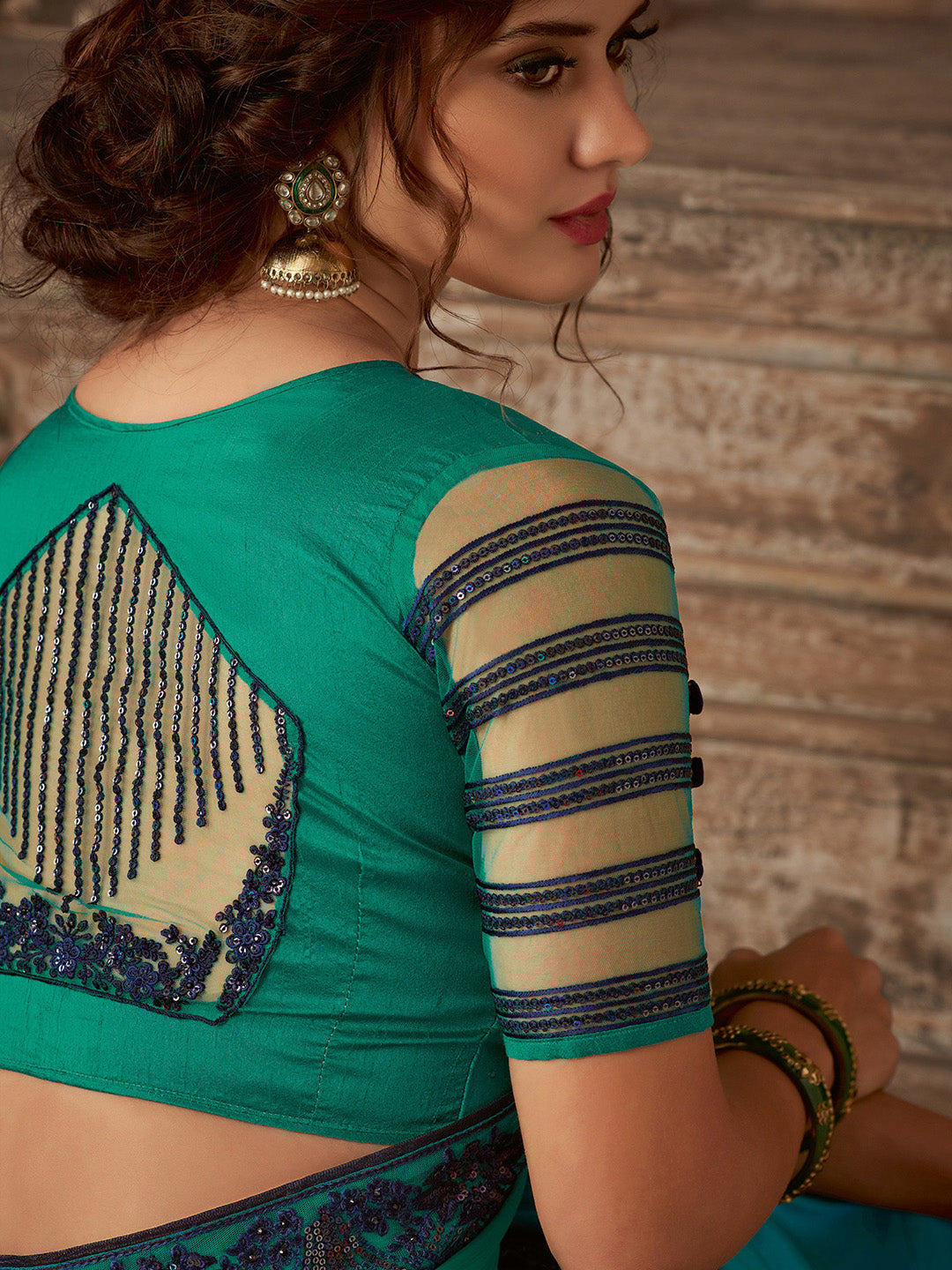 Women's Pure Chiffon Teal blue Embellished Designer Saree With Blouse Piece