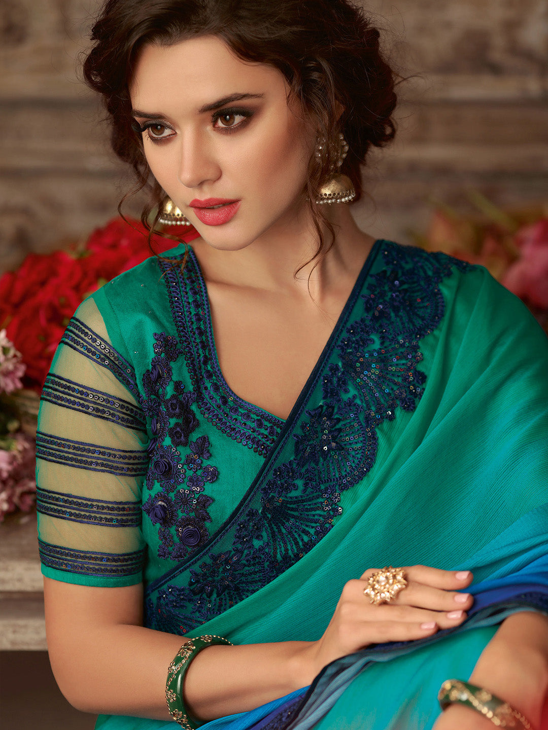 Women's Pure Chiffon Teal blue Embellished Designer Saree With Blouse Piece