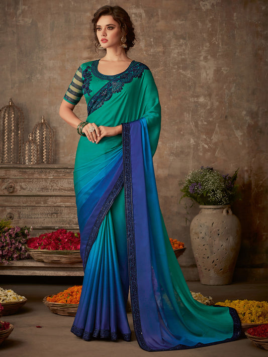 Women's Pure Chiffon Teal blue Embellished Designer Saree With Blouse Piece