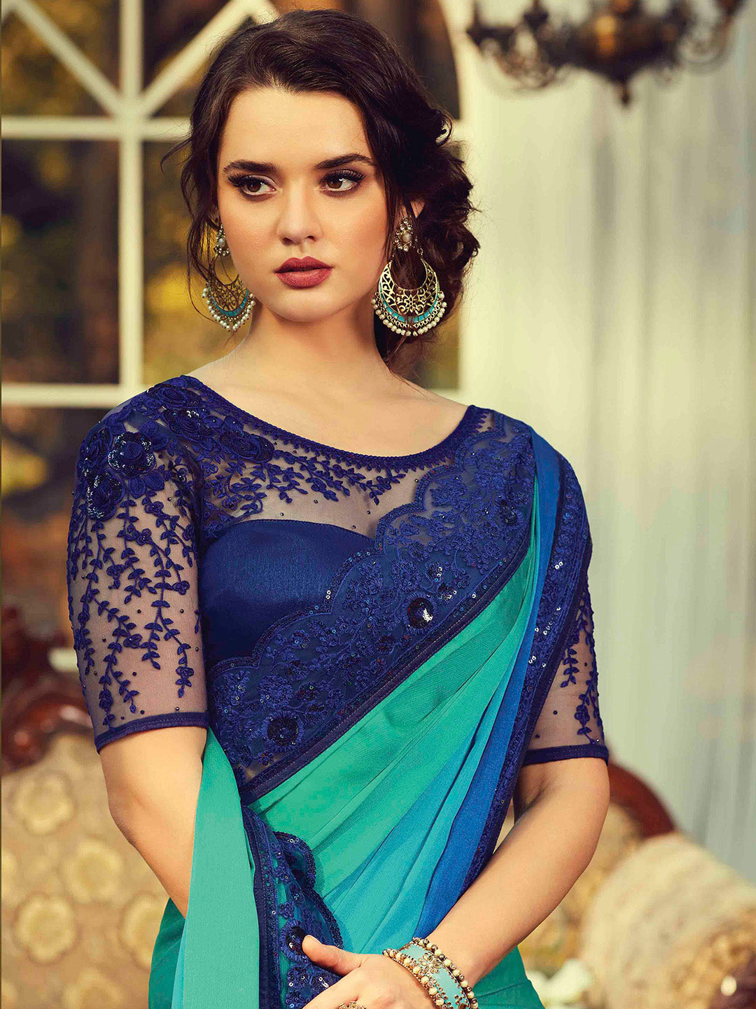 Women's Pure Chiffon Turquoise Embellished Designer Saree With Blouse Piece