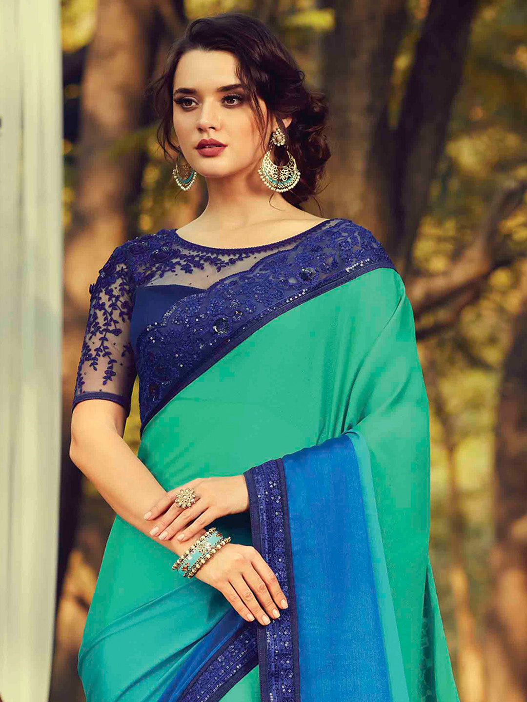Women's Pure Chiffon Turquoise Embellished Designer Saree With Blouse Piece