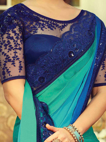 Women's Pure Chiffon Turquoise Embellished Designer Saree With Blouse Piece