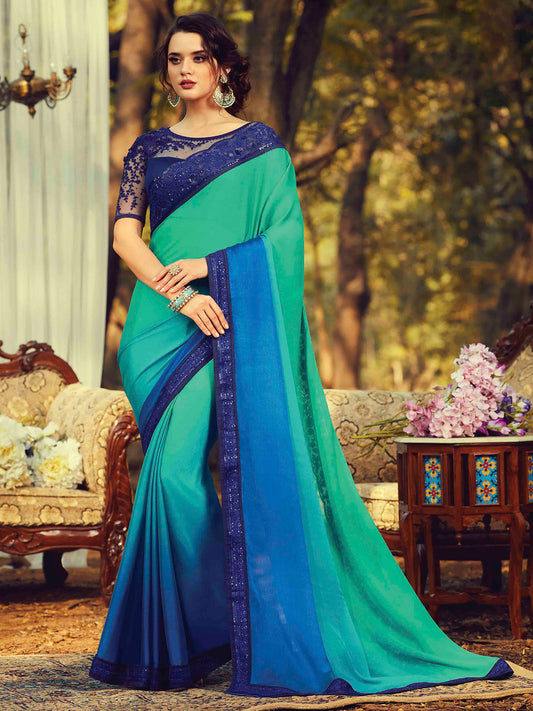 Women's Pure Chiffon Turquoise Embellished Designer Saree With Blouse Piece