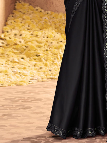 Women's Pure Chiffon Black Embellished Designer Saree With Blouse Piece