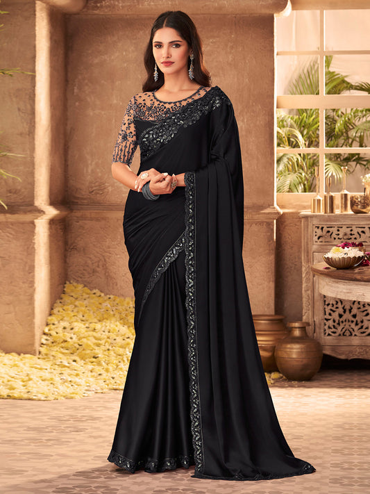 Women's Pure Chiffon Black Embellished Designer Saree With Blouse Piece