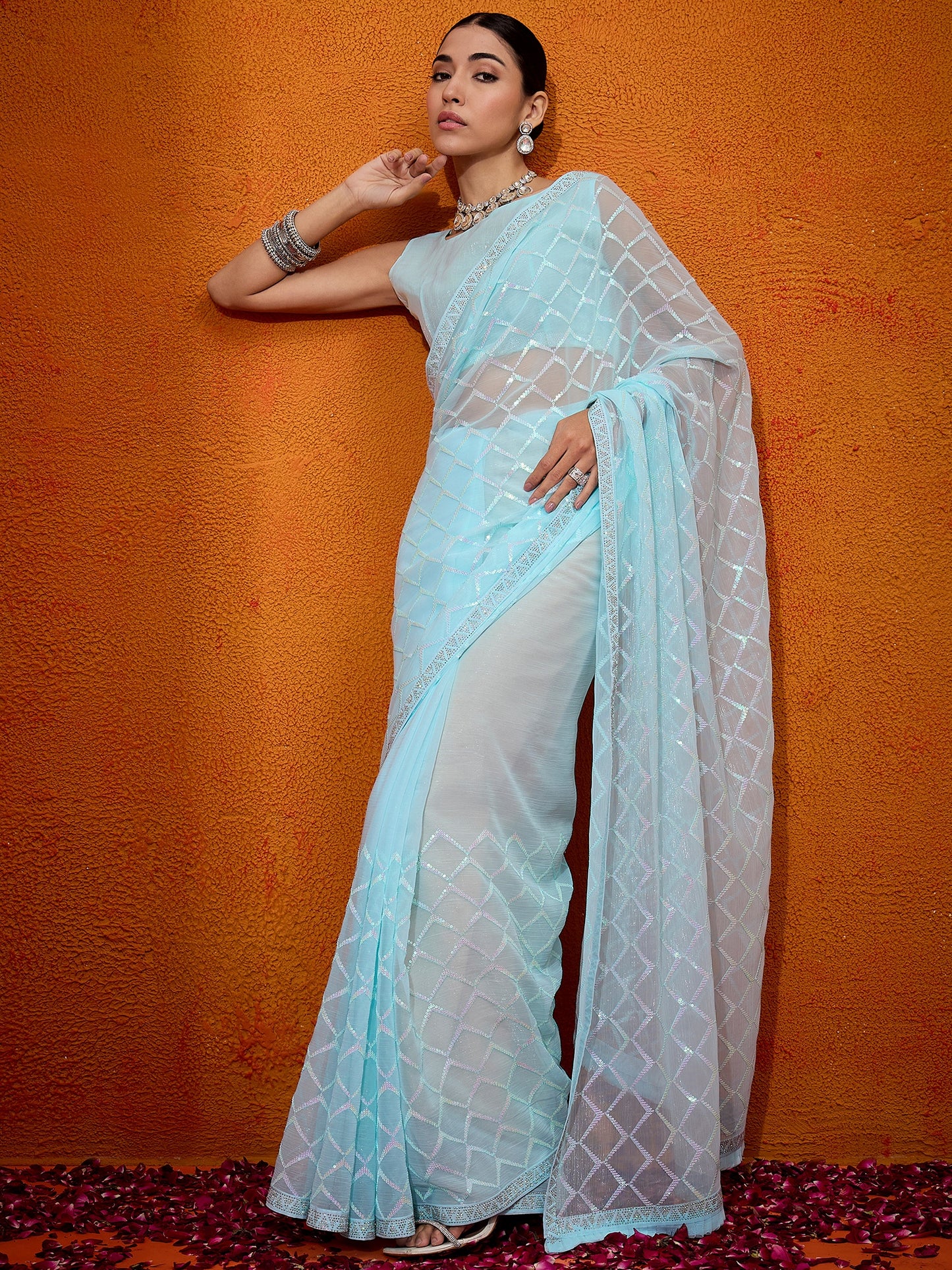 Women's Georgette Light Blue Embellished Designer Saree With Blouse Piece