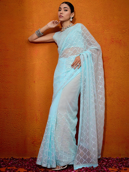 Women's Georgette Light Blue Embellished Designer Saree With Blouse Piece