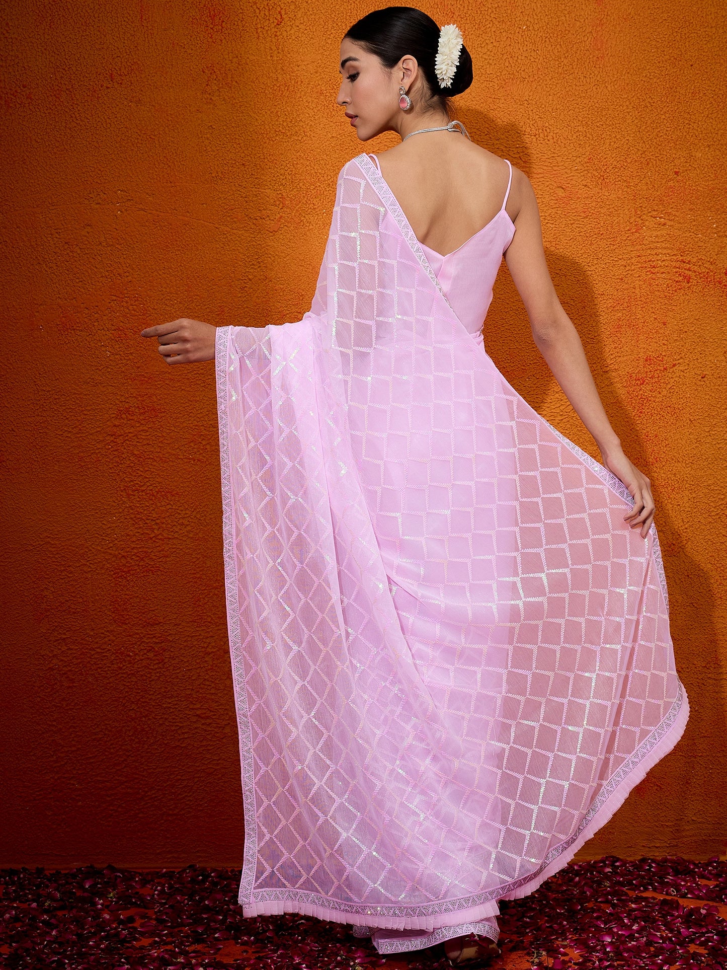 Women's Georgette Pink Embellished Designer Saree With Blouse Piece