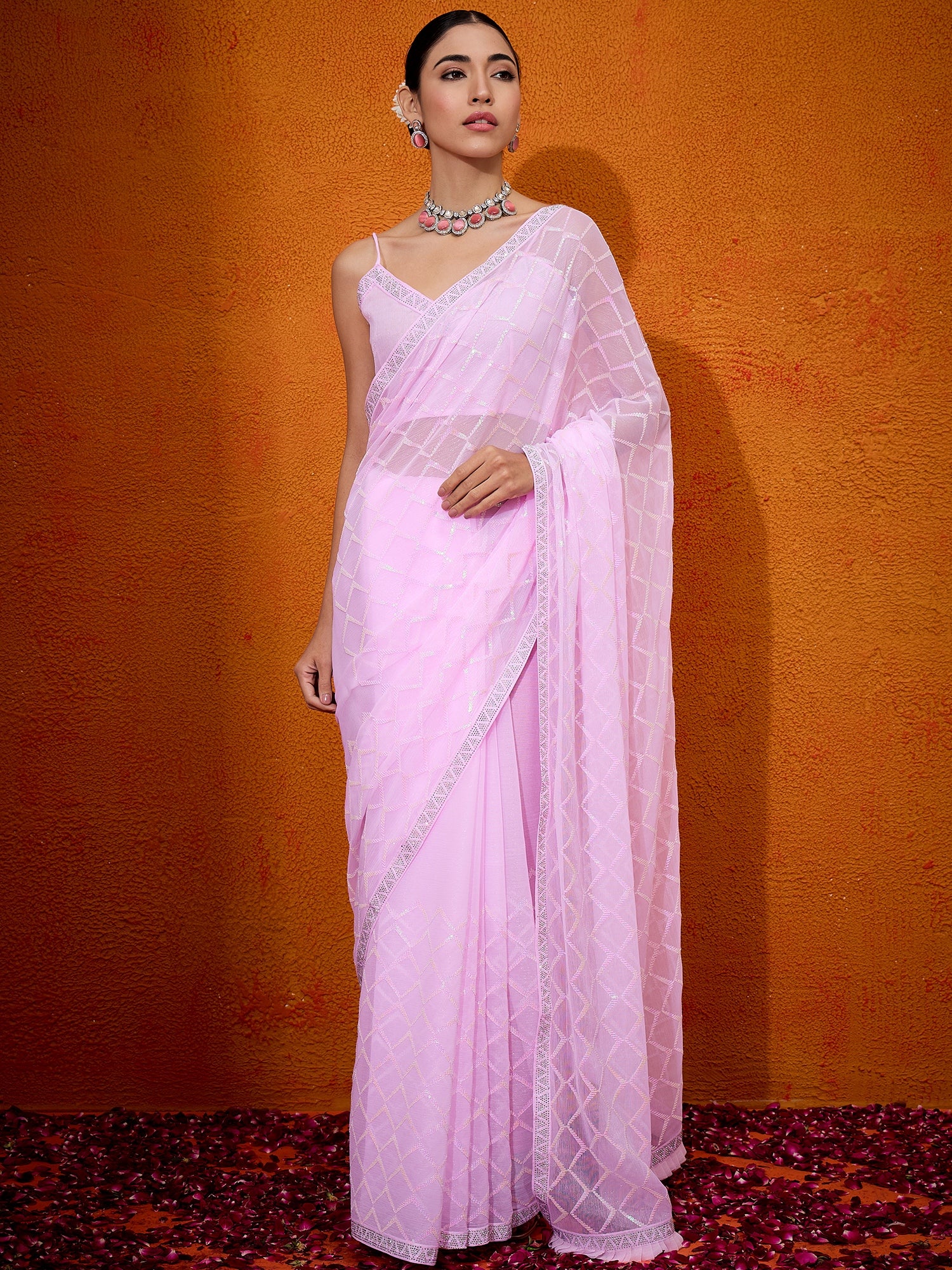 Women's Georgette Pink Embellished Designer Saree With Blouse Piece