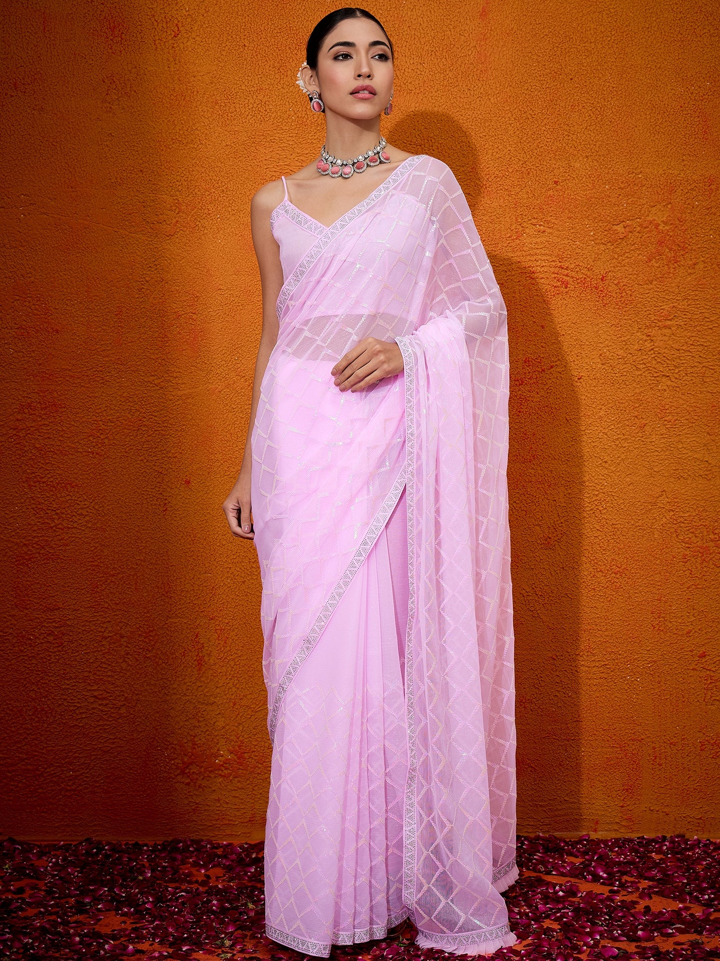 Women's Georgette Pink Embellished Designer Saree With Blouse Piece