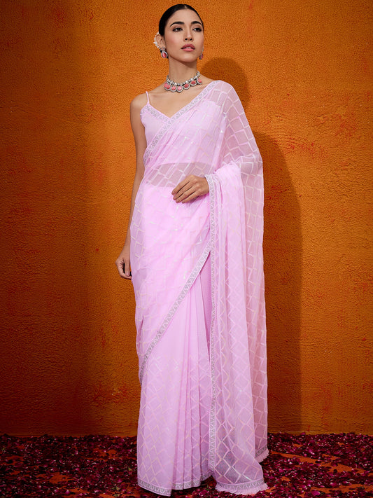 Women's Georgette Pink Embellished Designer Saree With Blouse Piece