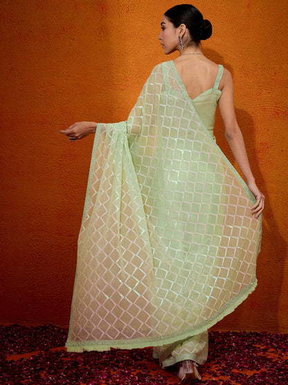 Women's Georgette Light Green Embellished Designer Saree With Blouse Piece