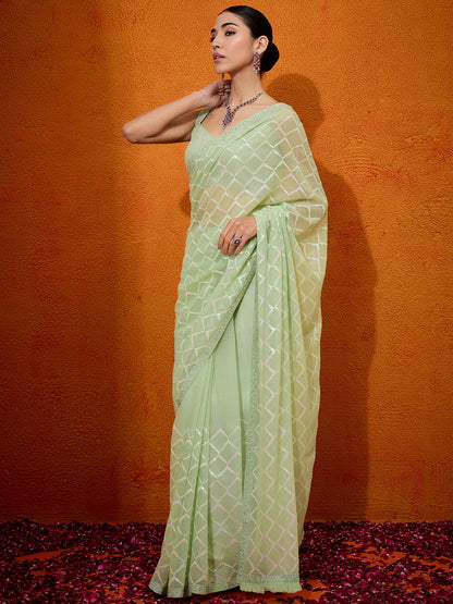 Women's Georgette Light Green Embellished Designer Saree With Blouse Piece