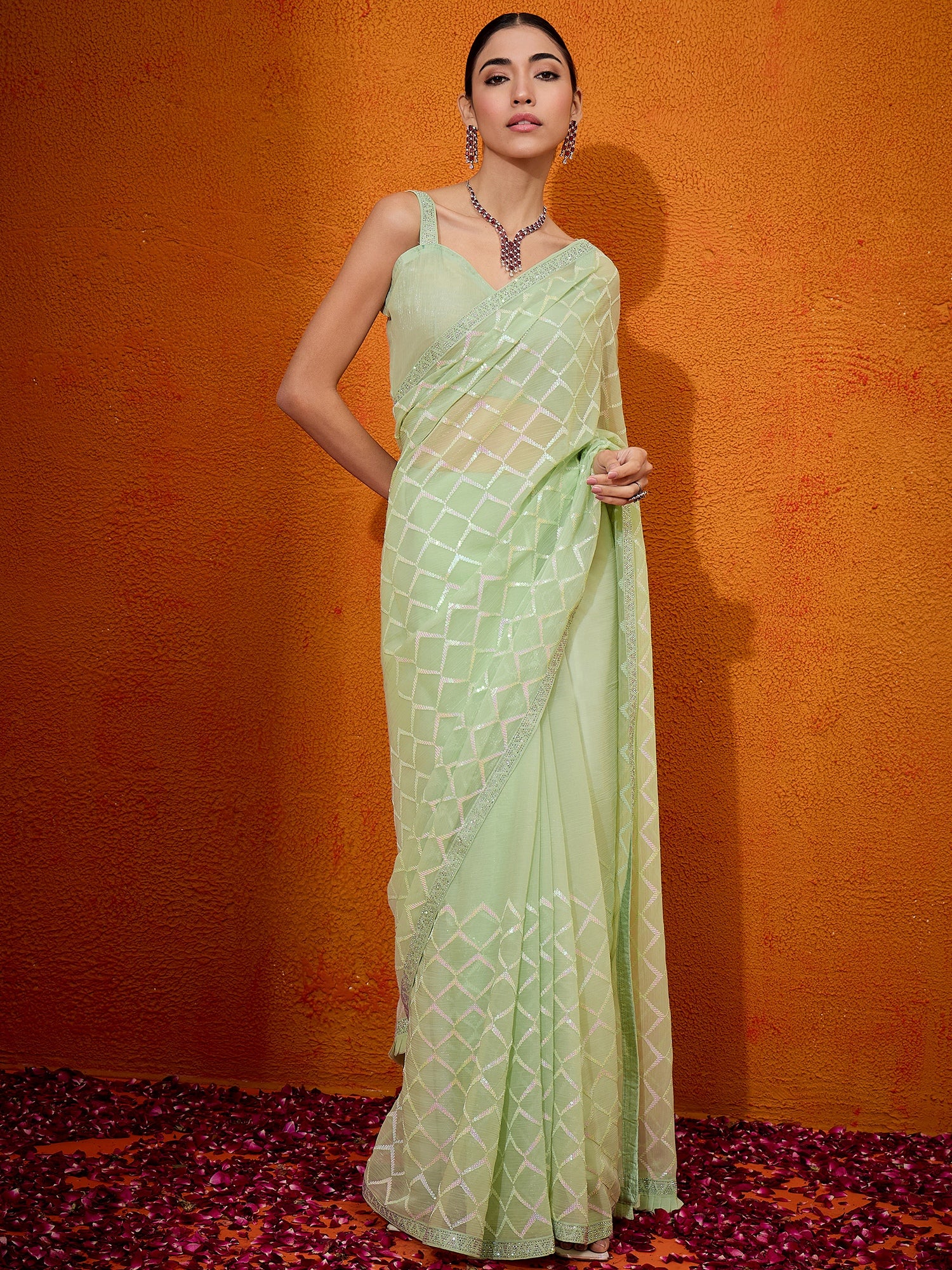 Women's Georgette Light Green Embellished Designer Saree With Blouse Piece