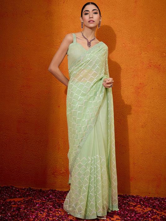 Women's Georgette Light Green Embellished Designer Saree With Blouse Piece